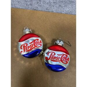 Vintage Pepsi-Cola Glass Christmas Ornaments Set of 2 Red White Blue Logo Soda